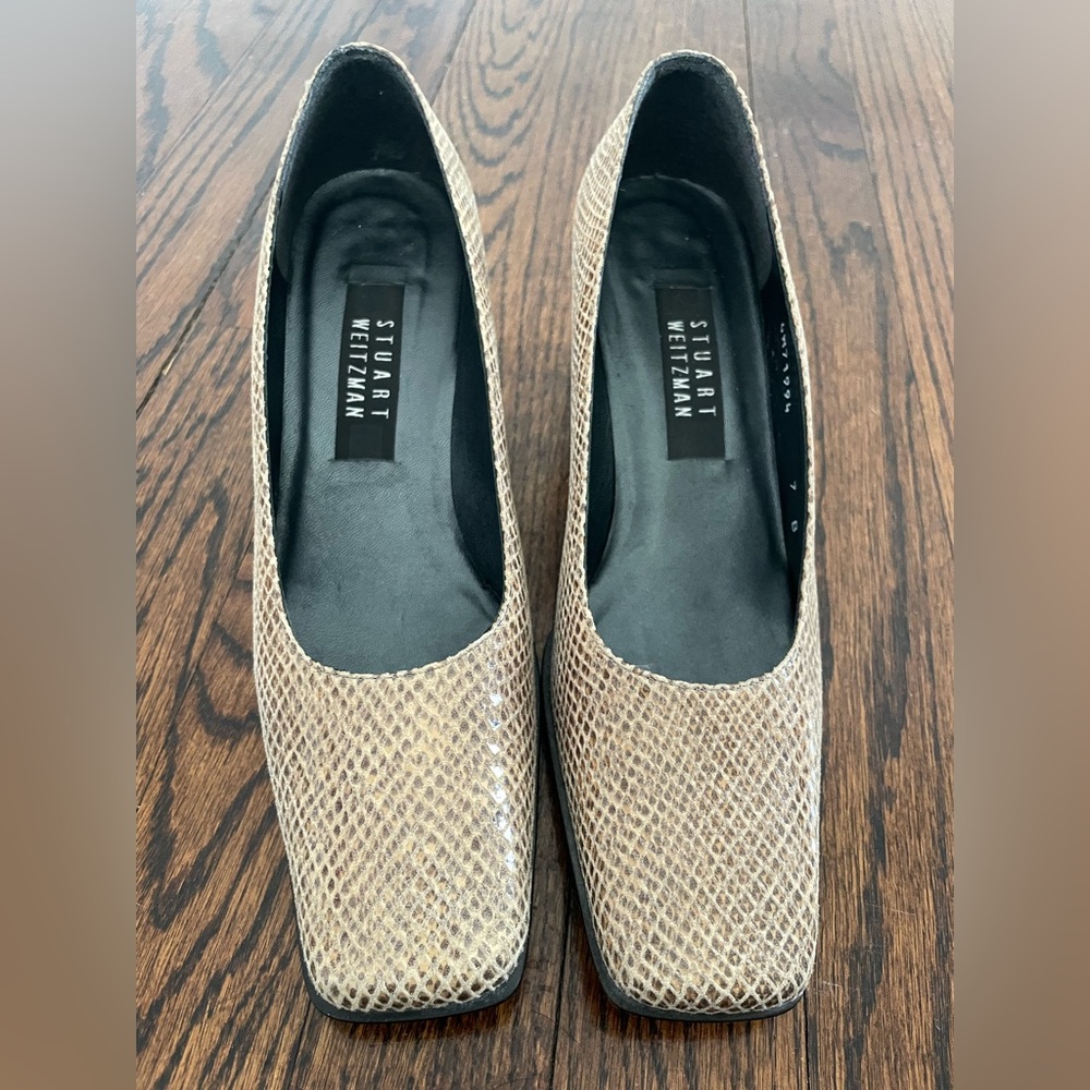 Stuart Weitzman Beige Snakeskin Square Toe Block Heels | Size 7B